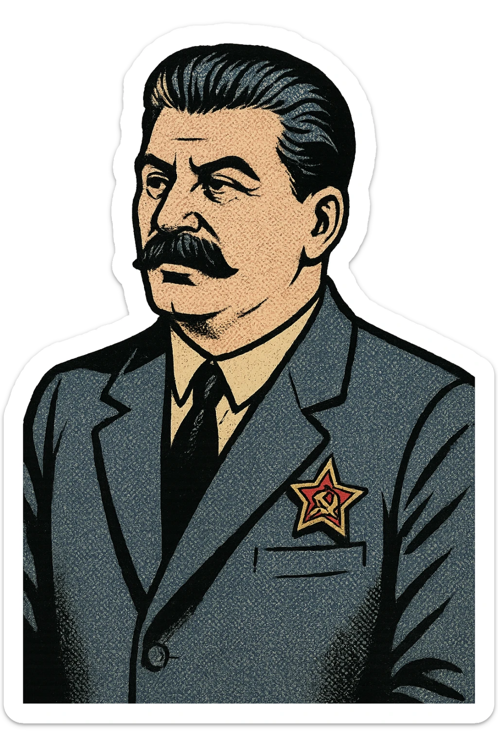 An upper body image of a leader who looks like Joseph Stalin with a suite and wearing a Communist Party badge. sticker