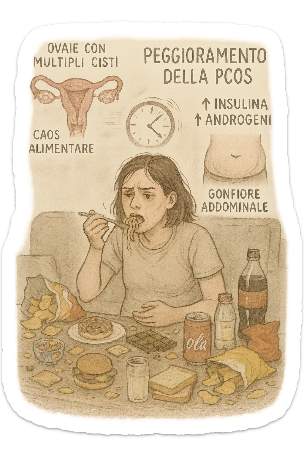 Donna tra i 25 e i 35 anni seduta sul divano o a un tavolo disordinato, circondata da cibi sparsi e poco sani: patatine, dolci, pane bianco, snack confezionati, bibite. Mangiando di fretta, ha un’espressione stanca e frustrata. Intorno a lei, in trasparenza o come illustrazione simbolica, si vedono gli effetti della PCOS peggiorata: ovaie con cisti multiple, squilibrio ormonale (↑ insulina, ↑ androgeni), gonfiore addominale. Sullo sfondo, orologio che corre o caos visivo che comunica disorganizzazione alimentare. Colori spenti e atmosfera stanca. Stile realistico con elementi simbolici e informativi. in italiano sticker