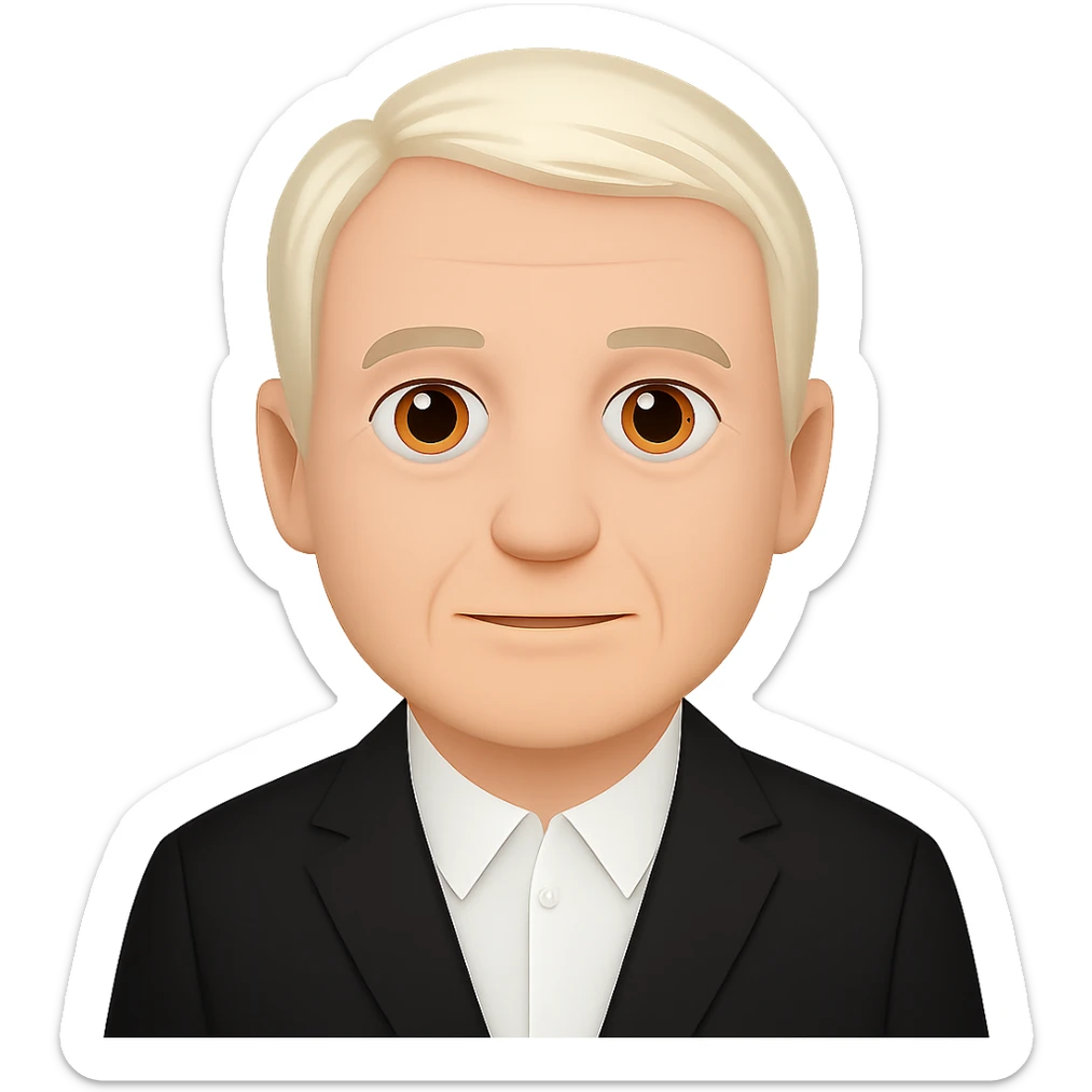 Create an emoji style image of Draco Malfoy at 50 years old, wearing a black suit. Keep the background transparent. The style should resemble classic emoji aesthetics with clear, simple features and vibrant colors. sticker