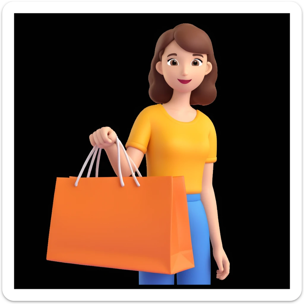 A young woman with a shopping bag, in a city street, vibrant colors, detailed background, shopping festival, niche brands, aesthetic lifestyle sticker