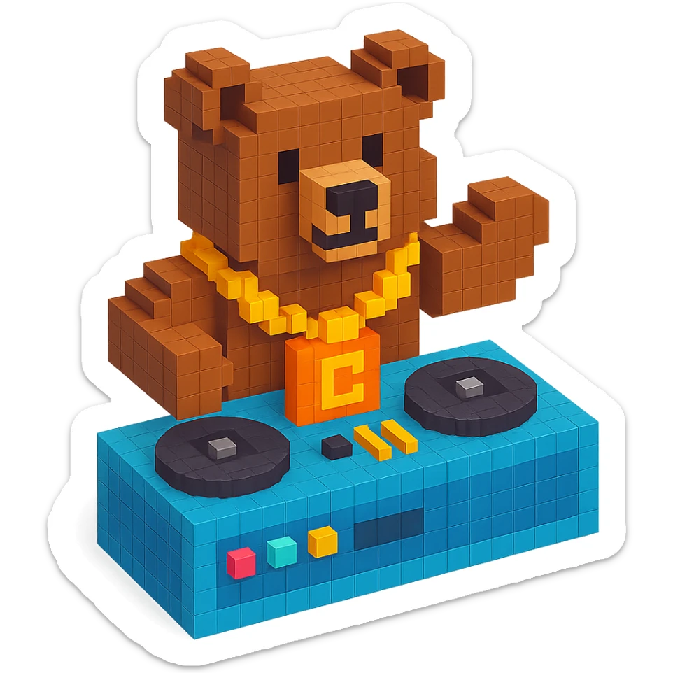 Russian grizzly bear with a rapper chain and a DJ setup sticker