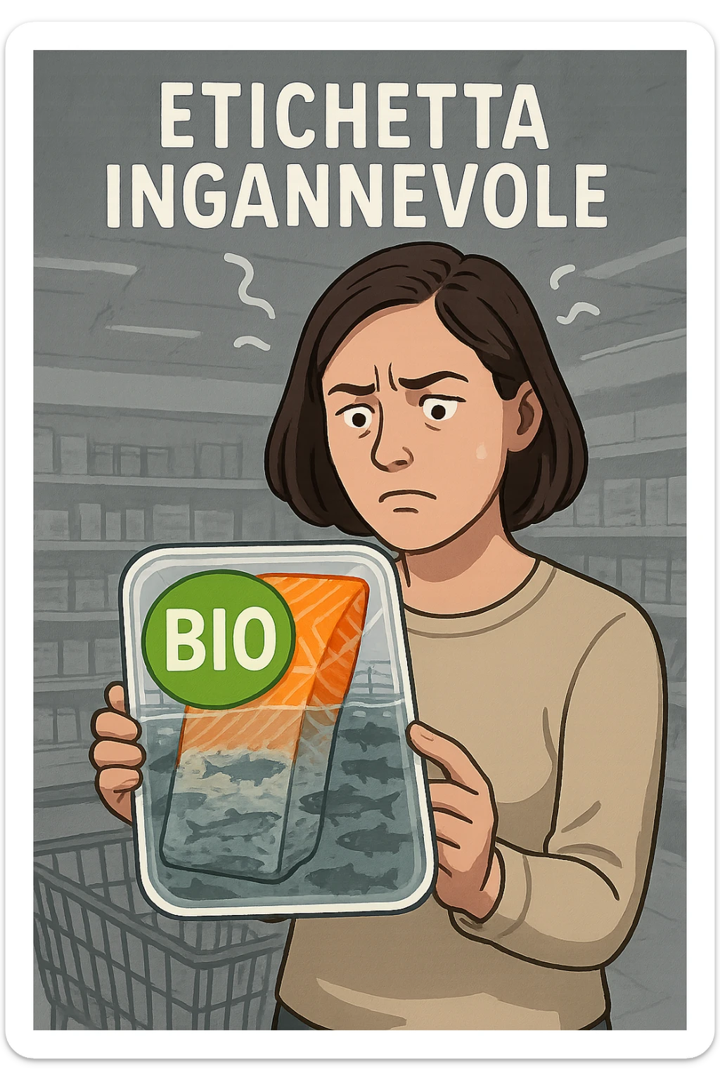 Scena in un supermercato moderno: uomo o donna tiene in mano una confezione di salmone etichettata 'BIO', con un grande bollino verde. Ma in trasparenza, dietro l’etichetta, si intravede un allevamento intensivo di salmoni in gabbie marine, acqua torbida e pesci ammassati. Espressione del cliente confusa e sospettosa. Sopra la testa, testo simbolico fluttuante: 'Etichetta ingannevole'. Colori contrastanti: confezione brillante ma realtà di fondo grigia e artificiale. Stile realistico con elementi simbolici forti sticker