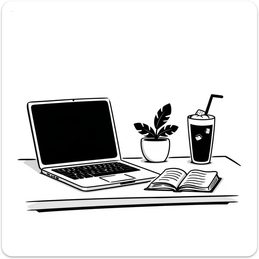 A desk by the window with summer sunshine in the background. On the desk, there is a laptop, a cup of iced coffee, and a small plant. An opened book is also present. sticker
