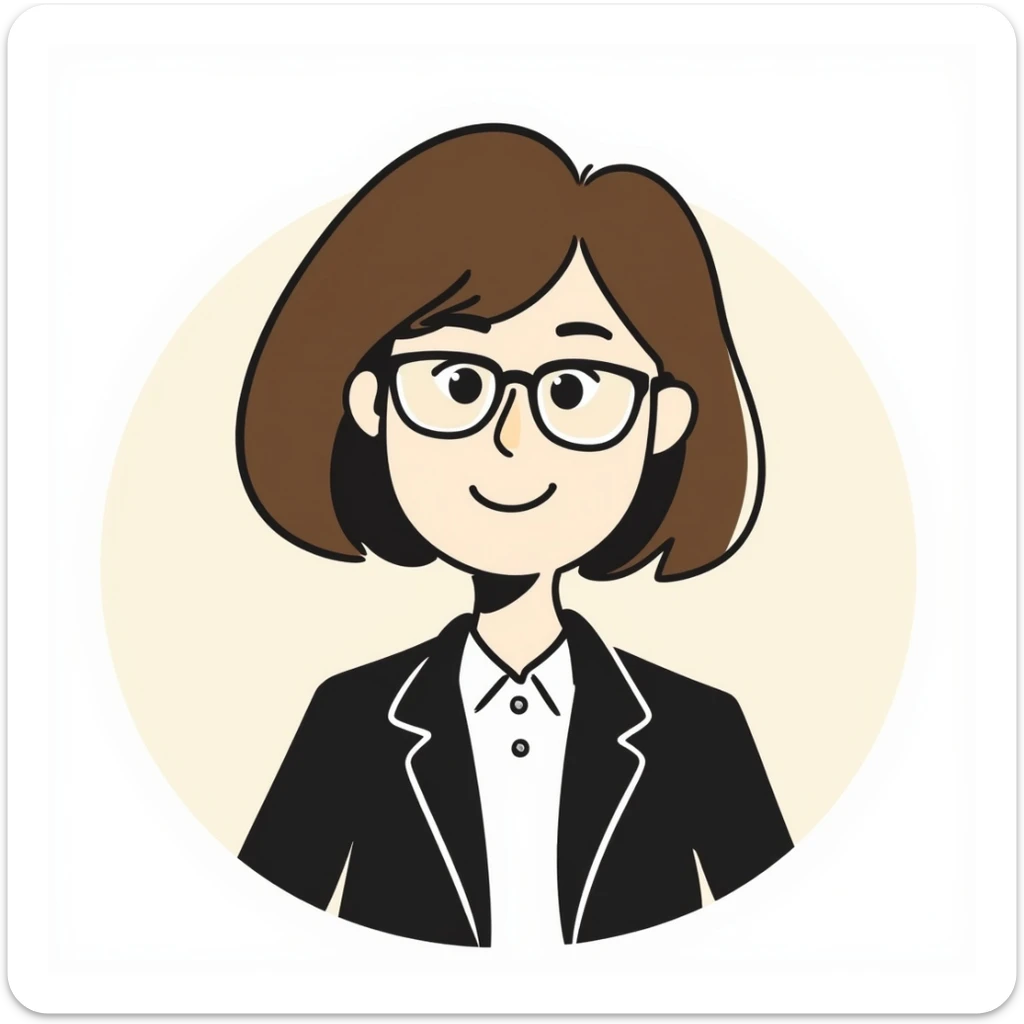 hand-drawn emoji-style avatar of a professional woman with glasses, short brown hair, and a blazer, smiling, clean minimal friendly look, soft color palette, plain or lightly colored background, modern vector startup website style sticker