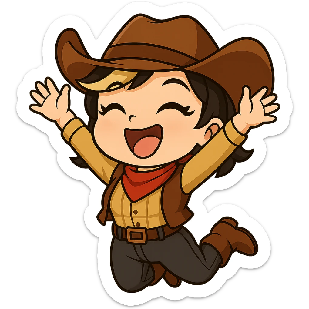 Sexy chibi cowgirl with short hair and a blonde streak, wearing a cowboy hat and western outfit, no guns. Chibi/anime style, transparent background, sized for Twitch or Discord use. Pose: jumping in the air, arms up, big excited grin. sticker