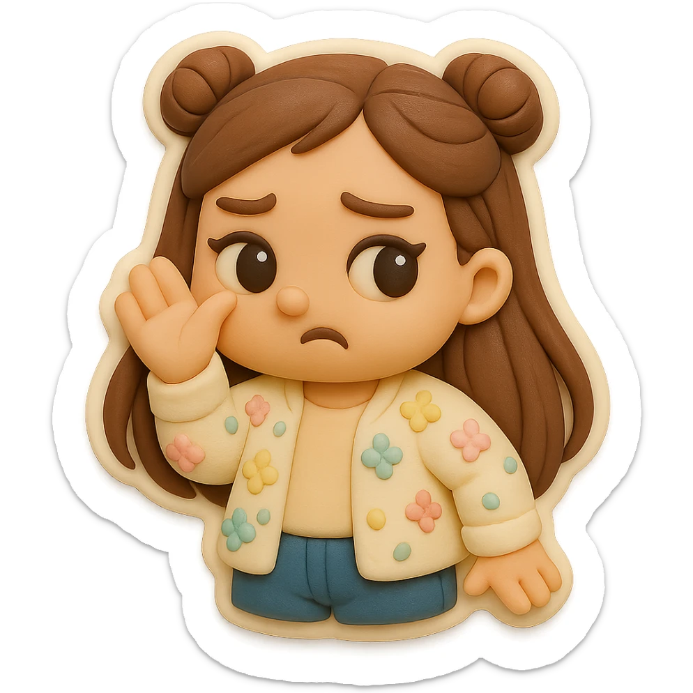 3D chibi fondant cake art style, high-quality rendering with smooth shadows and soft gradients. Girl based on reference image (preserve facial features), long brown hair in two space buns, brown eyes, jeans, pastel floral cardigan, thick white outline like a sticker, transparent background. Waving her hand in front of her nose like 'ew, it stinks'. Make sure her appearance matches previous stickers. sticker