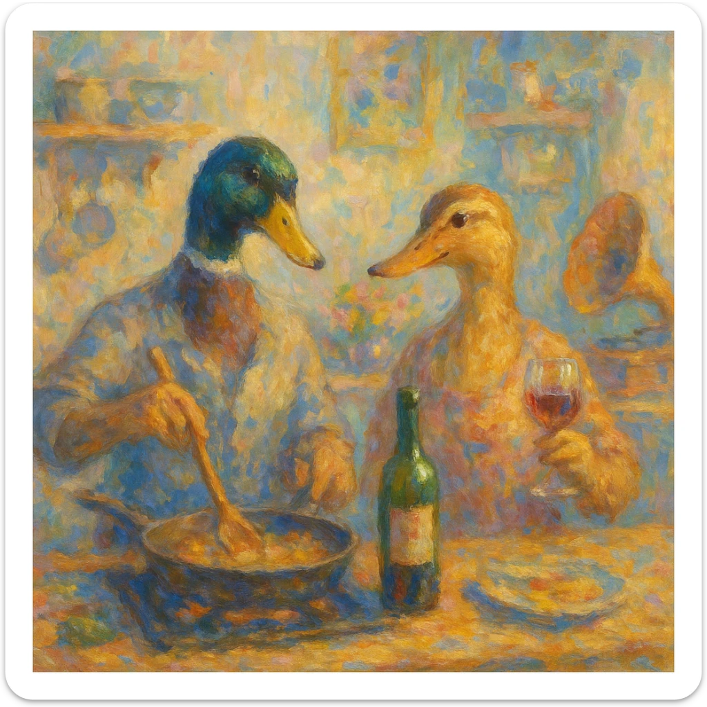 Monet-inspired impressionist scene, 4:3 aspect ratio, male and female duck cooking together, drinking wine, listening to music, impressionist brushwork, soft pastel colors, lively kitchen atmosphere sticker