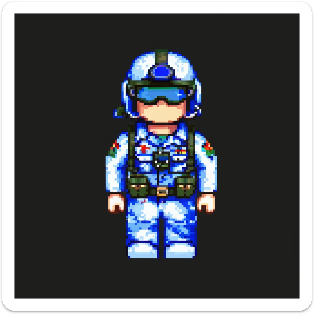 robloxian military man, blocky figure, blue camo, helmet with goggles, standing at attention, simple background sticker