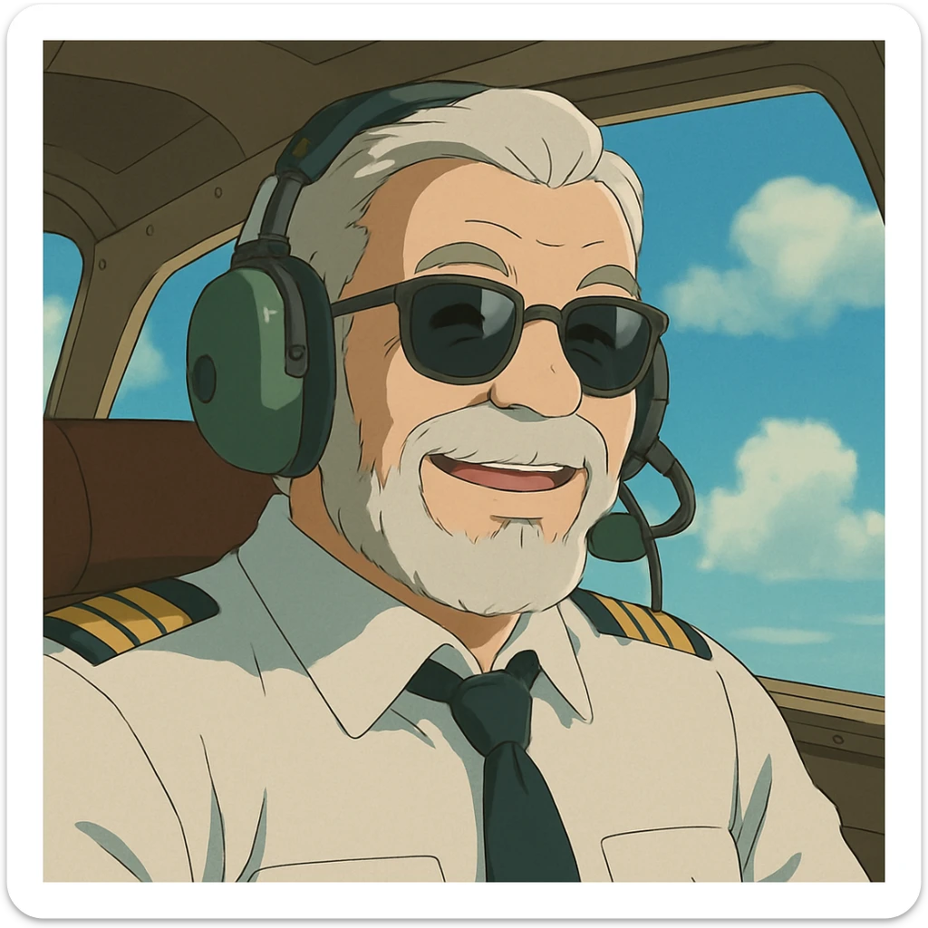middle-aged male pilot, white skin, silver hair, beard, smiling, wearing sunglasses, ghibli anime style sticker