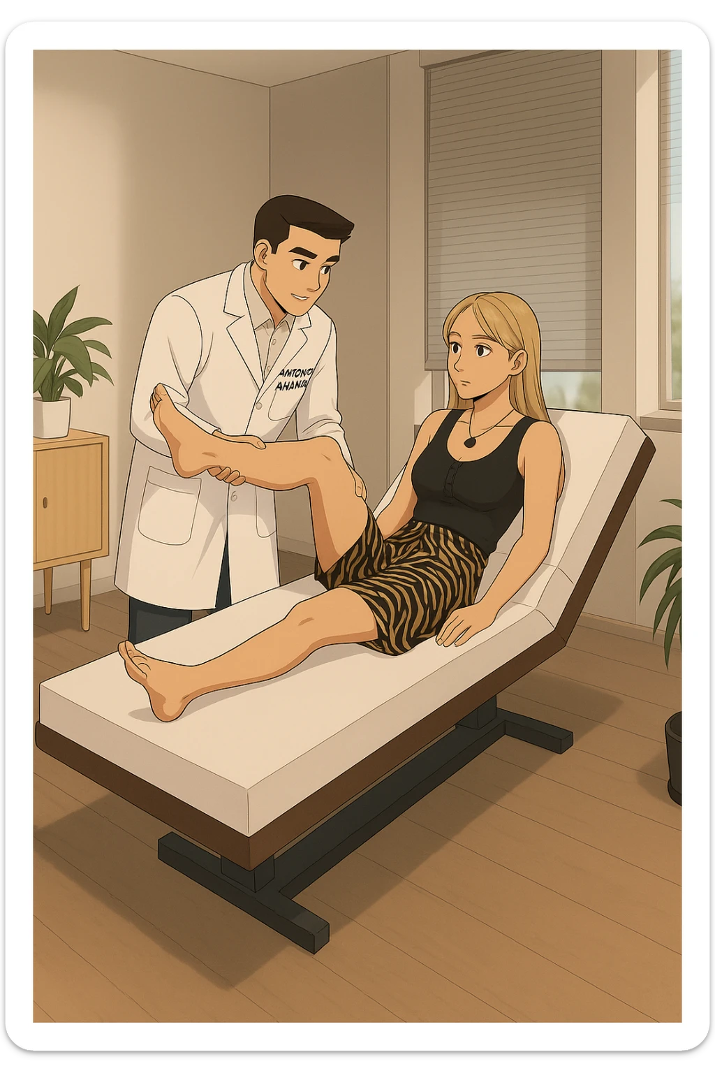 fai un webtoon/manga a colori con questo kinesiologo in camice bianco (fagli la scritta "ANTONIO ANANIA" SUL CAMICE) CHE SVOLGE UN TEST NEUROMUSCOLARE SOLLEVANDO UNA GAMBA ALLA RAGAZZA CHE è STESA SU UN LETTINO BIANCO. STANZA SEMPLICE E MODERNA, DURANTE IL TEST I DUE DIALOGANO TRA LORO. NON FARE I FUMETTI, FAI SOLO LORO COME SE DIALOGASSERO sticker