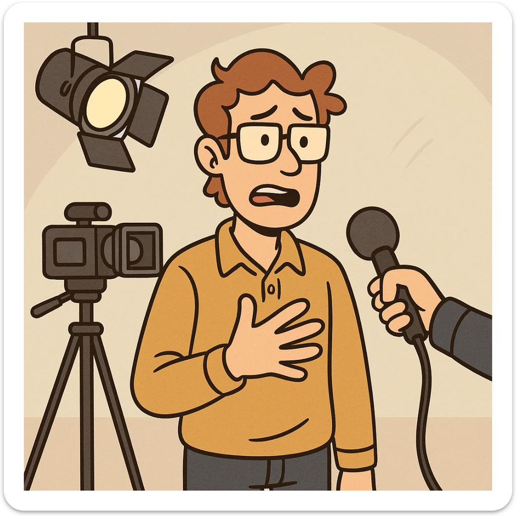 cartoon style illustration of a person being interviewed on camera, with a spotlight and interviewer holding a microphone sticker
