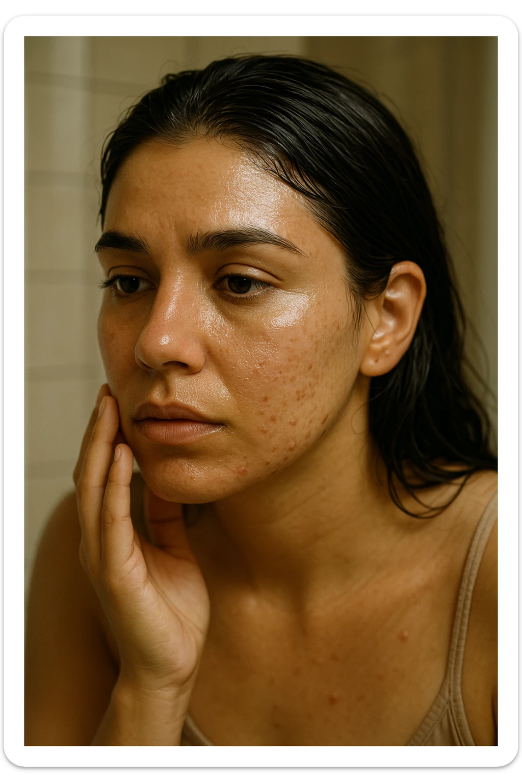 A highly realistic, cinematic close-up portrait of a young woman in her late 20s with medium skin tone, showing visible oily skin and enlarged pores on her cheeks, nose, and forehead. Her skin has a noticeable shiny appearance due to excessive sebum production, and small acne spots are visible along her jawline and chin, indicating hormonal imbalance. Her dark hair appears greasy, clumping in some areas near her scalp, emphasizing unwashed, oily hair due to overactive sebaceous glands caused by PCOS. The woman looks at herself in the mirror with a tired yet hopeful expression, gently touching her cheek with her fingertips as she observes her skin condition. The setting is a softly lit bathroom with natural daylight, and the reflection shows the detail of her skin texture and greasy hair strands. Style: 35mm hyperrealistic film, warm neutral tones with soft depth of field, focusing on the oily skin texture, visible pores, and greasy hair to clearly illustrate the visual symptoms of PCOS. in italiano sticker