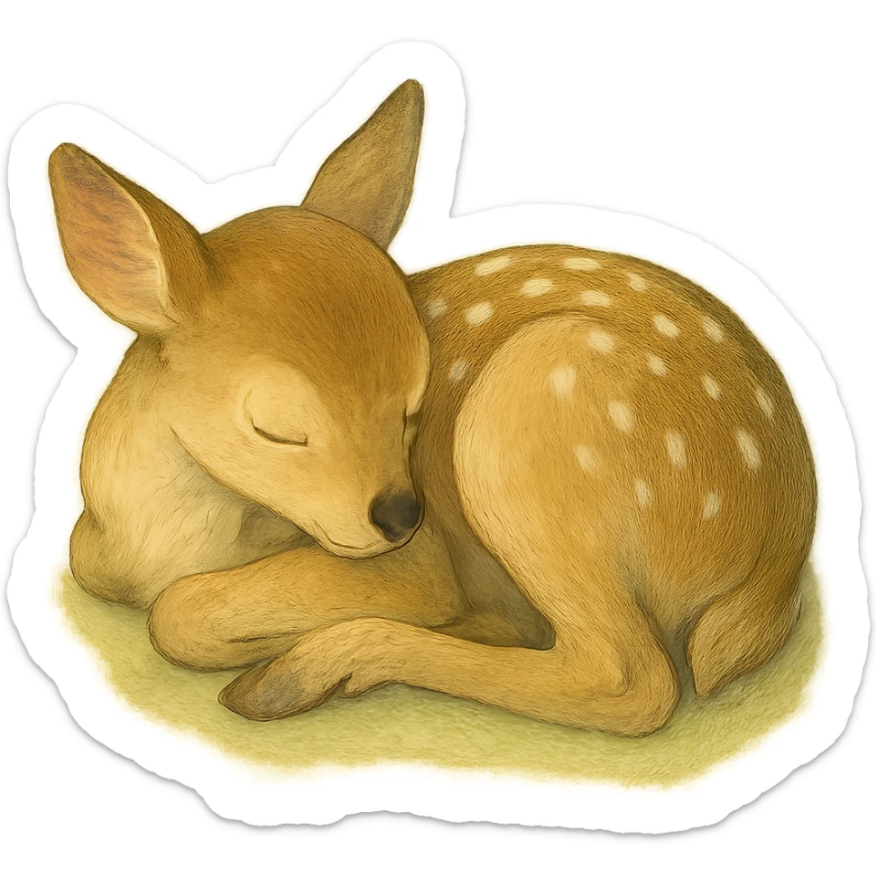 realistic baby fawn curled up sleeping, natural colors, soft, fairy-like atmosphere, no background, square size sticker