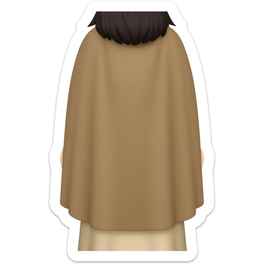 Fullbody backview of Mary Magdalene with dark hair, wearing a light tan ancient dress and a dark tan cape from the reference image, sandals, in classic emoji style with transparent background. sticker