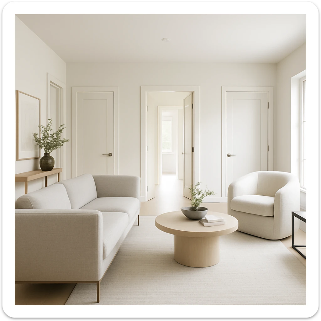 stylish room featuring three entrances, contemporary furniture, bright and airy sticker