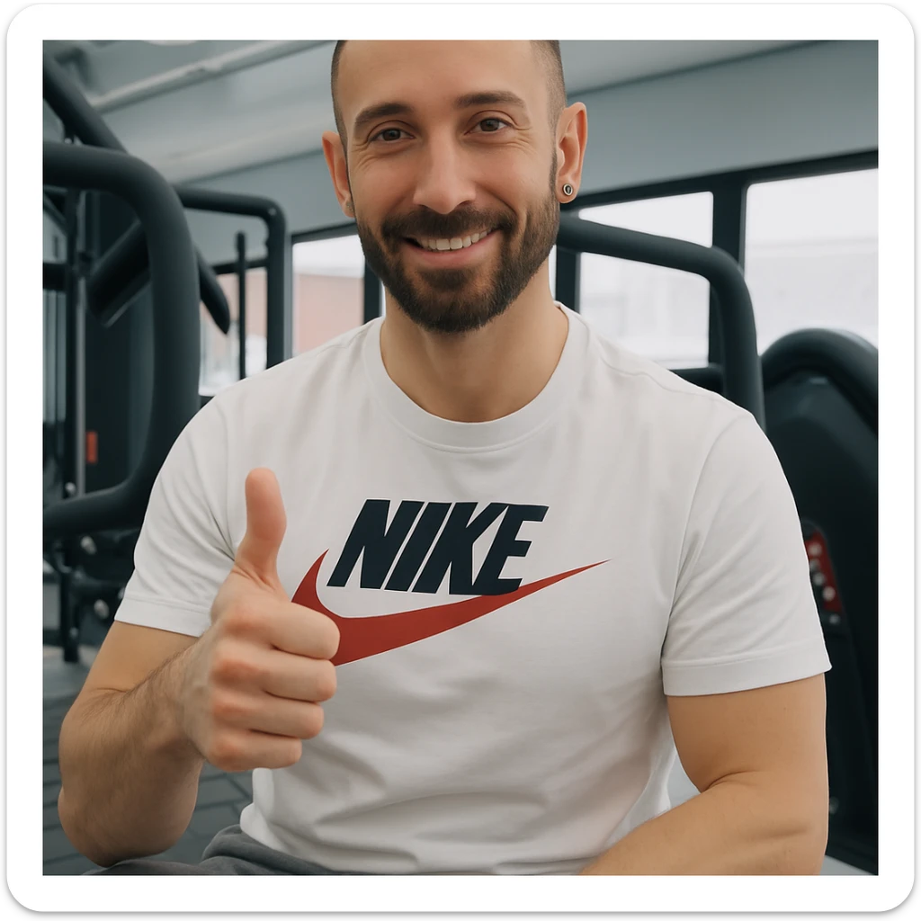 The man in the photo is making the OK gesture with his thumb up, showing a satisfied expression, in a gym environment, photorealistic style. sticker