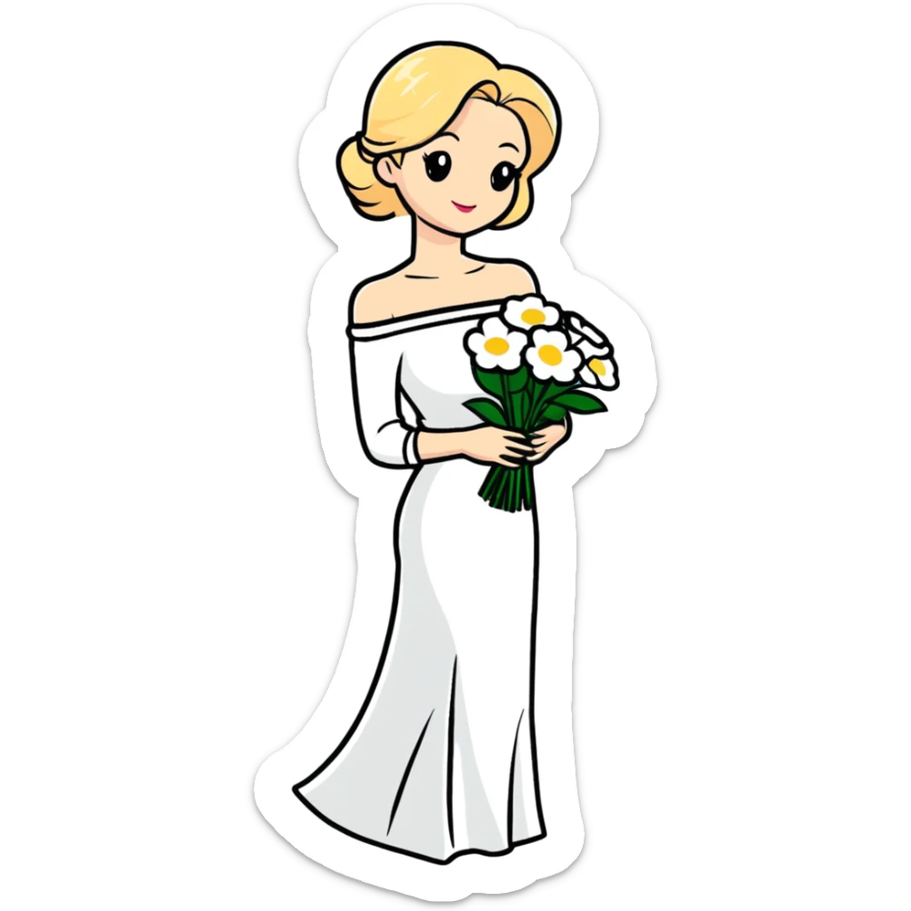 blonde woman in a white off-shoulder dress with long sleeves and a bouquet of white flowers in a white bag in her right hand sticker
