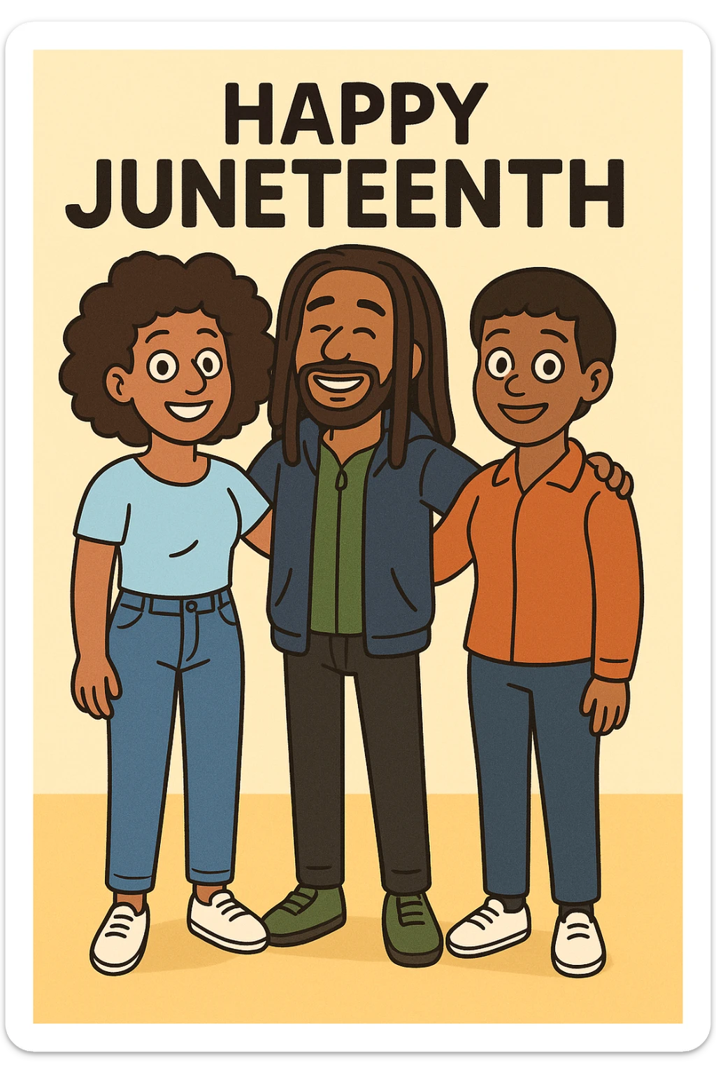 A woman Kinky hair light blue shirt blue jeans white shoes boy Dreadlocks dark brown hair green shuts navy blue zip up hoodie black jeans green shoes Bob Marley Vanessa Nakate Mae Jemison Happy JUNETEENTH sticker