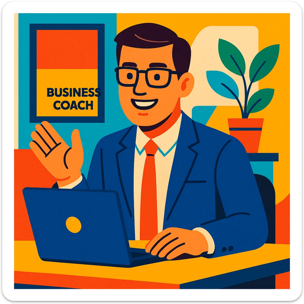A 35-year-old male business coach sitting at a desk with a laptop sticker
