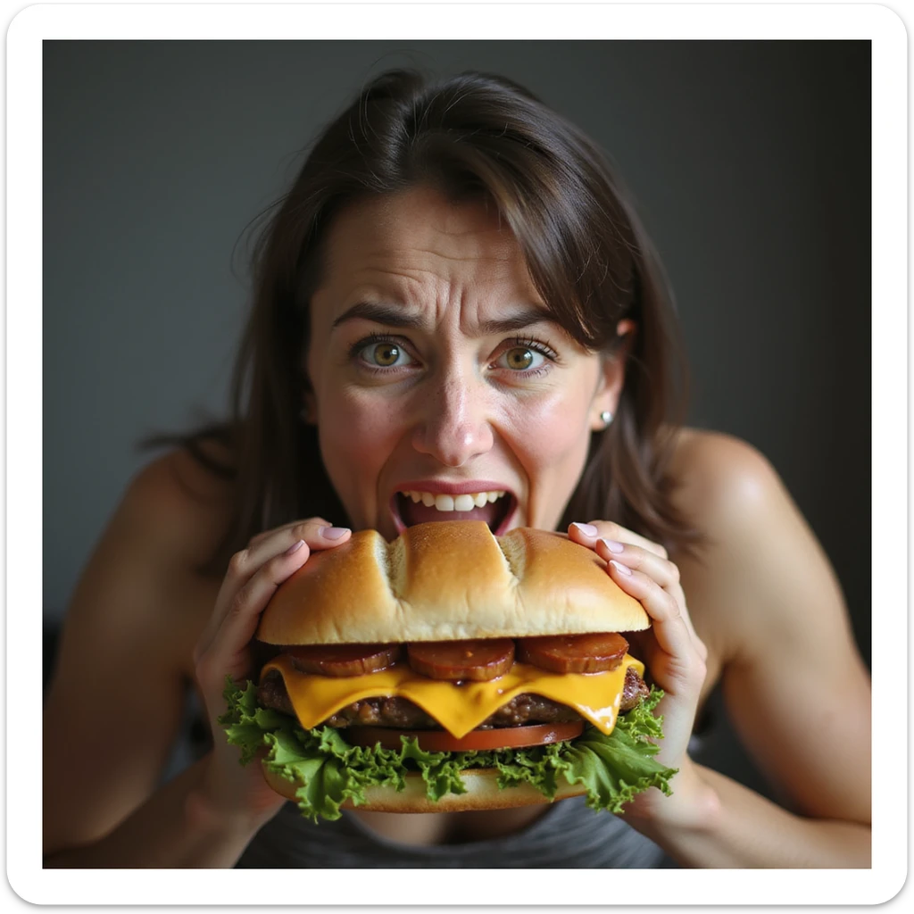 hyperrealistic image of a woman with an anxious and hungry expression biting a giant sandwich, nervous hunger, white background, variation 3 sticker