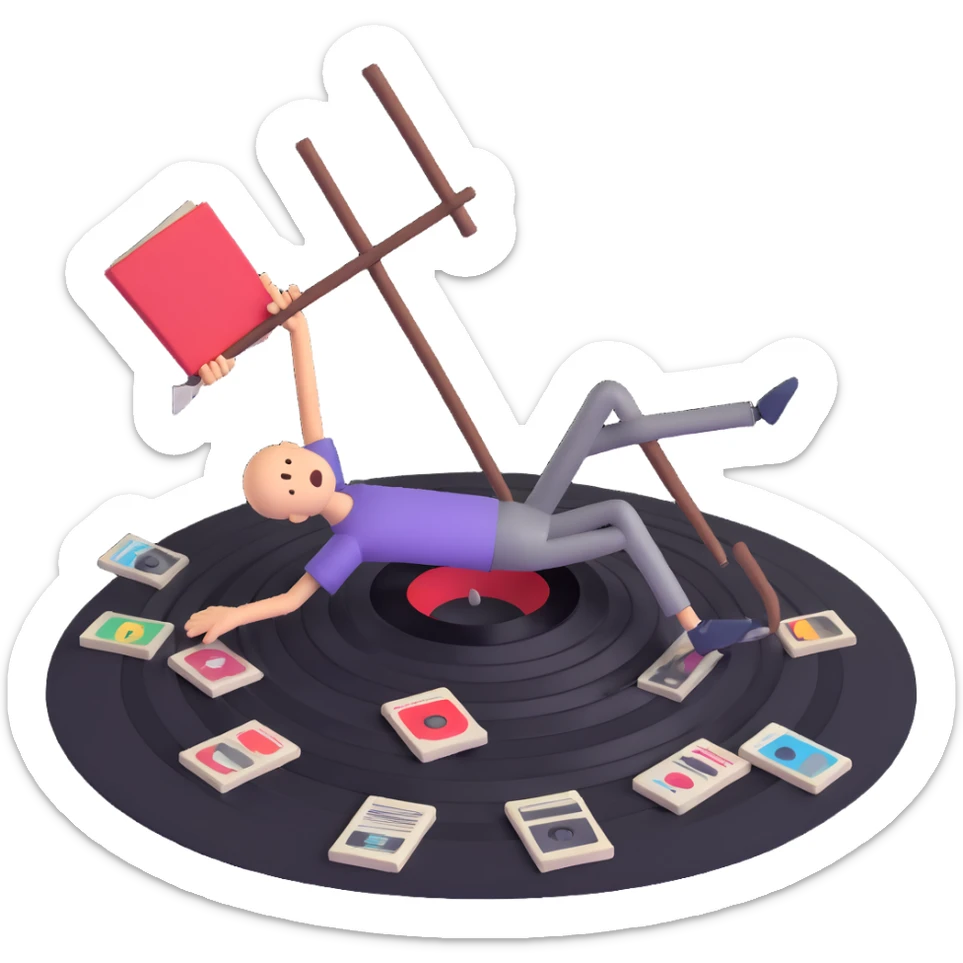 A stick figure falling into a pit full of vinyl records, like a 'Danger Zone' sign sticker