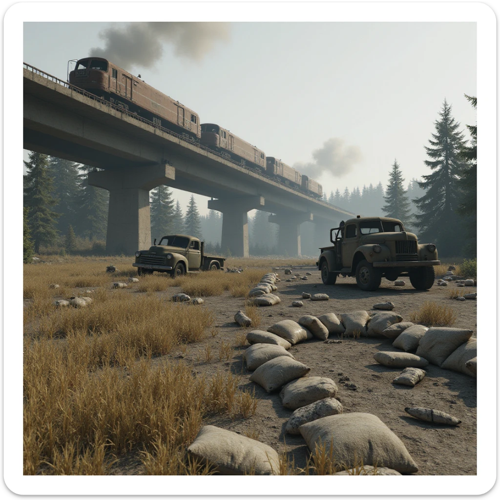  a screenshot of a location in a videogame  the image of the scene consists of:  [above-ground train freeway partially collapsed], a wooded area, a small field of wheat, sandbag barricades. distant smoke. uneven terrain, derelict vintage work trucks, more distant smoke. polluted and war-torn sticker