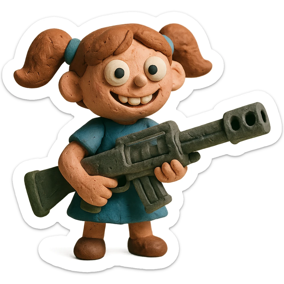 funny, positive stalker girl named Businka with a huge machine gun sticker