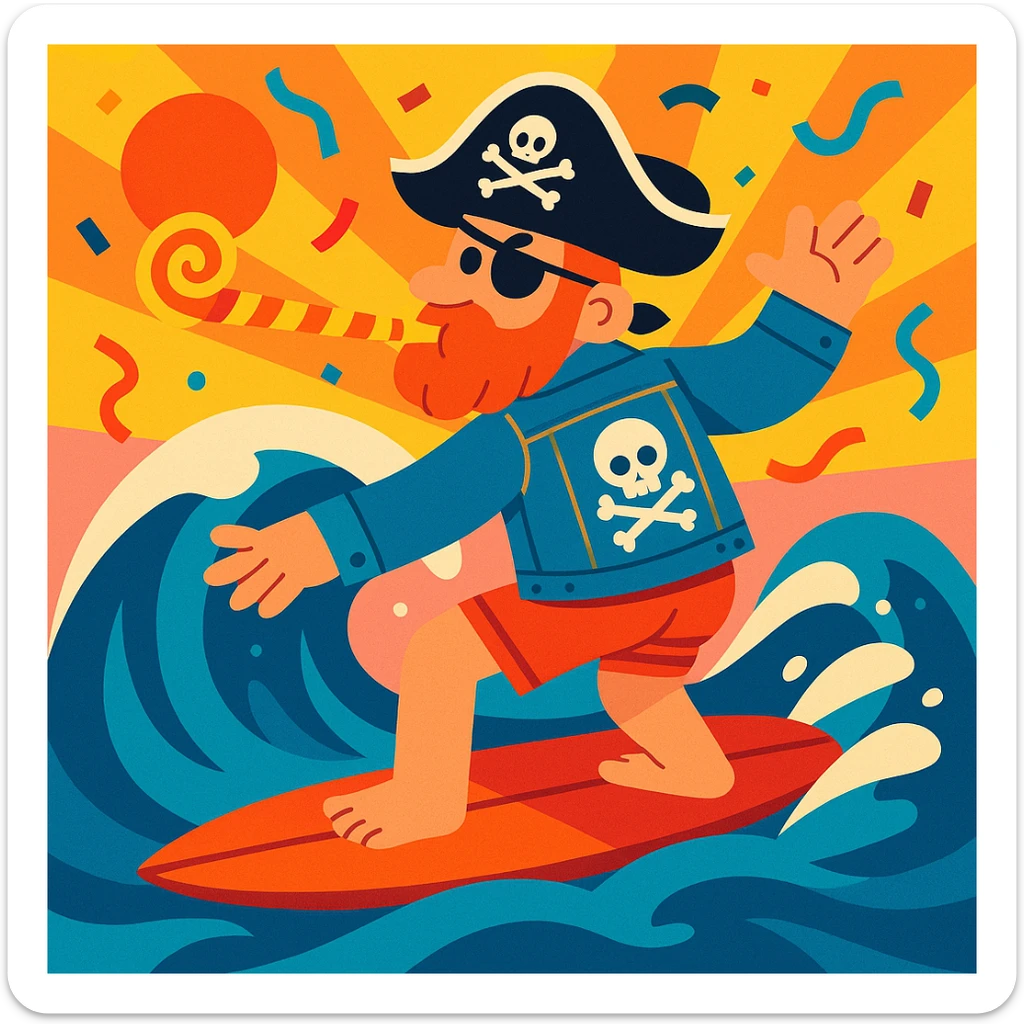 male adult surfing a wave, wearing surfer shorts, denim jacket with skull and crossbones patch, pirate hat, blowing on a NYE noisemaker, vibrant illustration sticker