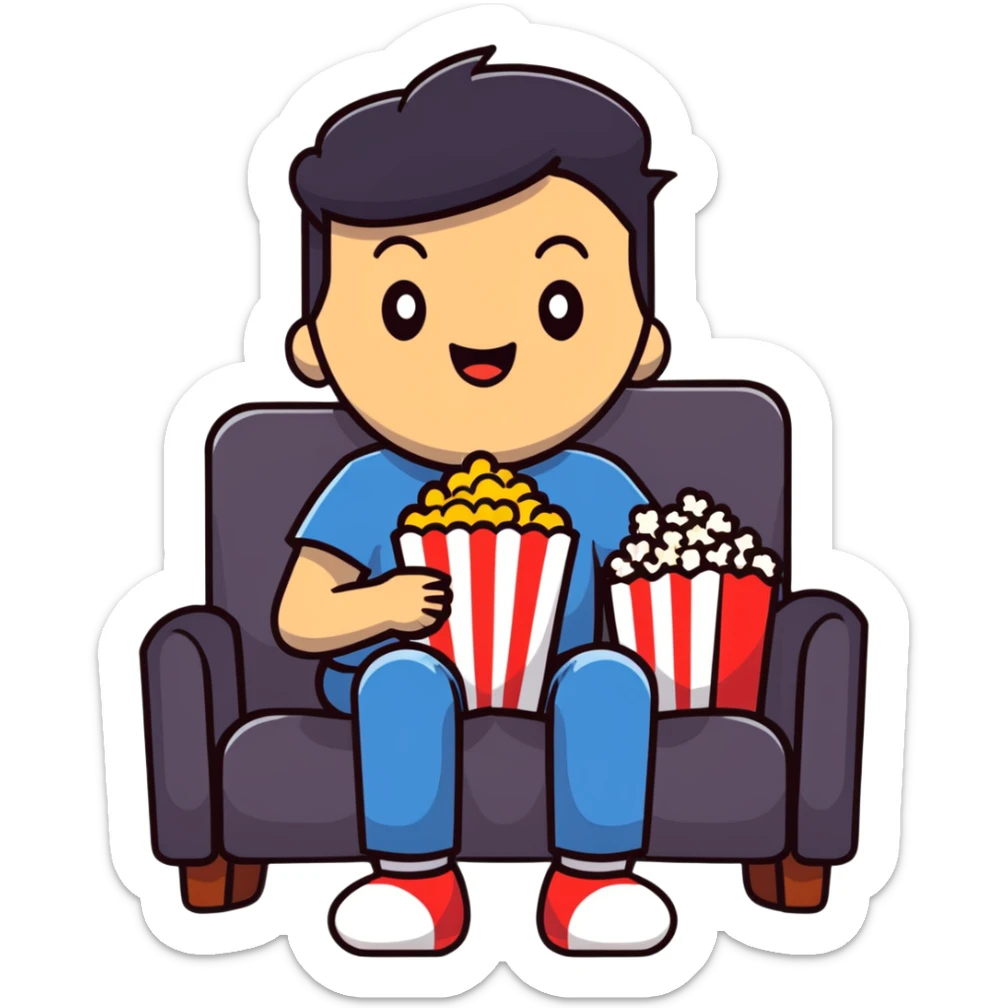 Person sitting comfortably on couch watching movie with popcorn in hand, excited expression sticker