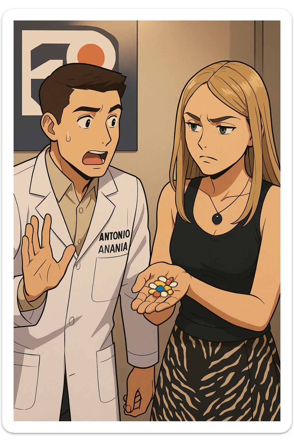 fai un webtoon/manga a colori con questo kinesiologo in camice bianco (fagli la scritta "ANTONIO ANANIA" SUL CAMICE) CHE PARLA CON QUESTA RAGAZZA. LA RAGAZZA HA UN PUGNO DI INTEGRATORI IN MANO (TANTE PILLOLE DIVERSE) E LE GUARDA DUBBIOSA. IL KINESIOLOGO CON IL CAMICE BIANCO LE DOMANDA UNA COSA SCIOCCATO. NON FARE I FUMETTI, FAI SOLO LORO COME SE DIALOGASSERO sticker