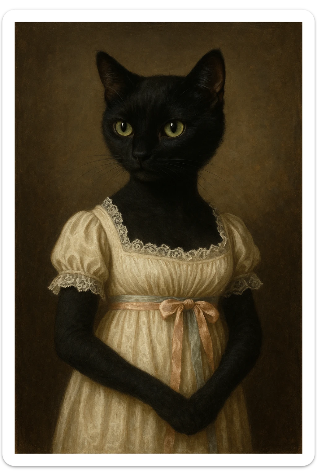 black cat in a Regency dress with lace and ribbons, inspired by Jane Austen's Pride and Prejudice sticker