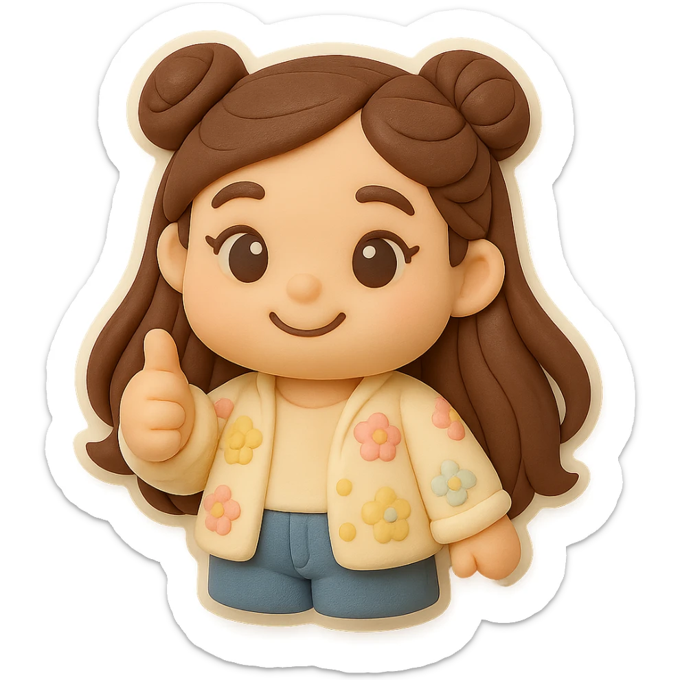 3D chibi fondant cake art style, high-quality rendering with smooth shadows and soft gradients. Girl based on reference image with long brown hair in two space buns, brown eyes, jeans, pastel floral cardigan, thick white outline like a sticker, transparent background. Thumbs up, happy expression. Ensure the face and hairstyle match the reference exactly. sticker