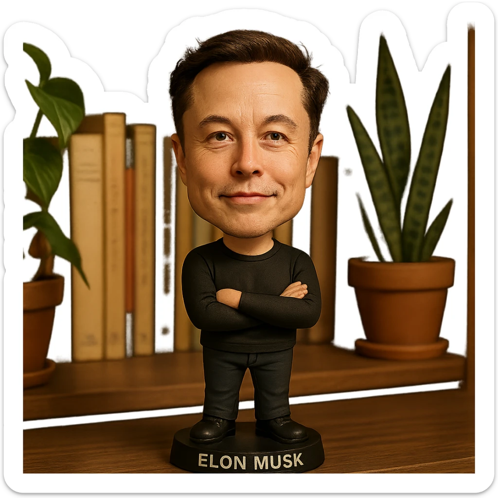 exaggerated cartoonish features bobblehead of Elon Musk in a casual outfit sticker