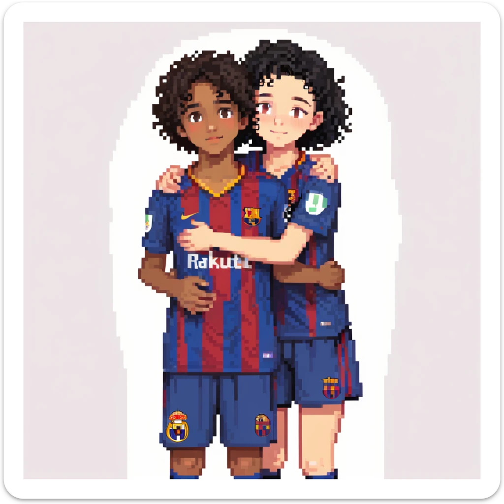 A tall boy with brown eyes, black hair, and white skin, wearing a Barça shirt, hugging a short girl with curly black hair, brown eyes, and bronze skin, wearing a Real Madrid shirt sticker