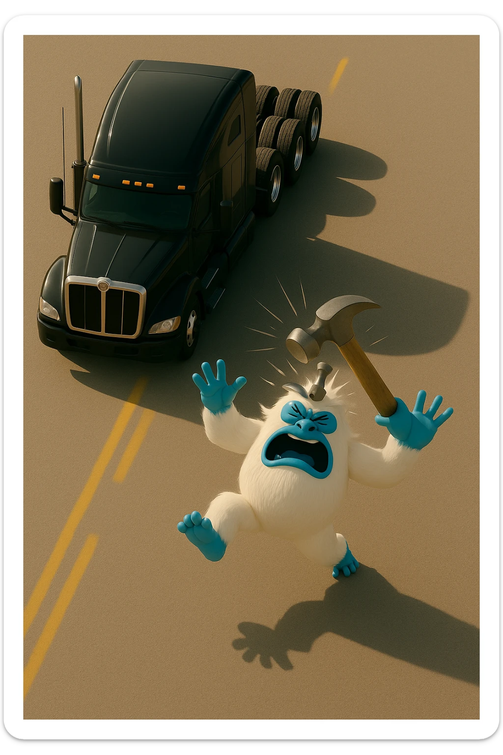 Increase the distance between the truck and the abominable snowman in a light and realistic scene. Show a hammer actively hitting the snowman from a top-down view. No text in the image. sticker