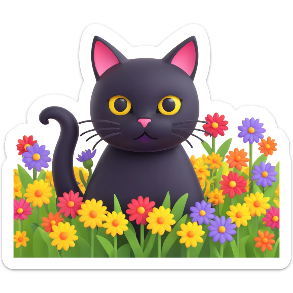 A black cat with a flower on its head in a field of flowers sticker