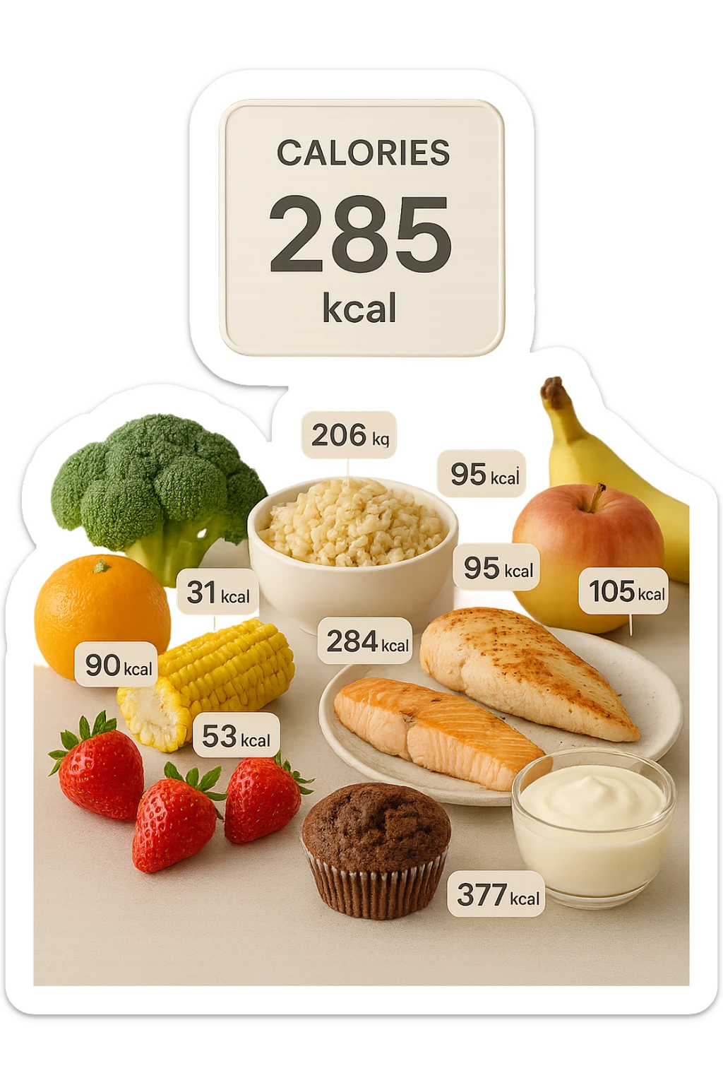 a digital calorie counter hovers above a variety of foods arranged on a table—fruits, vegetables, grains, meats, and desserts. Each food has a floating label showing its calorie content. The background is clean and modern, emphasizing the educational aspect of calorie awareness. sticker