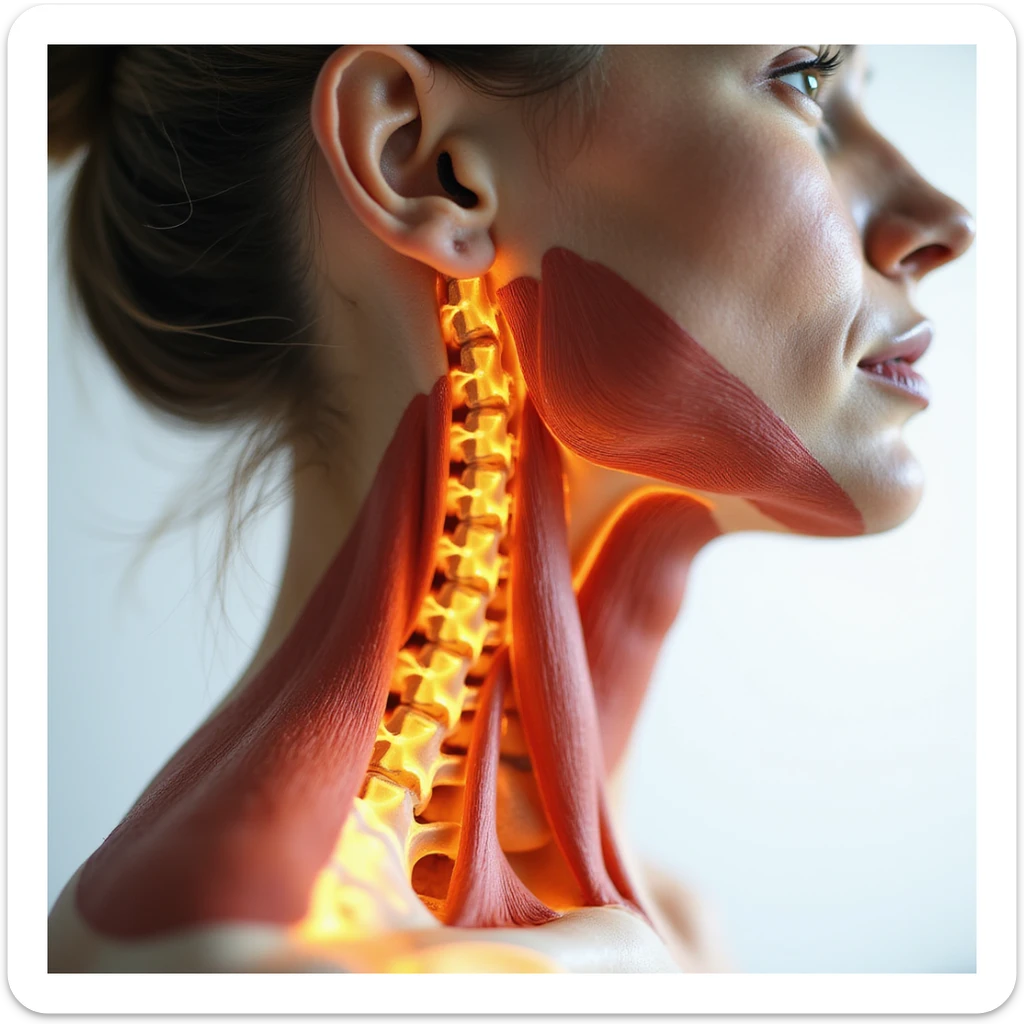 realistic anatomical close-up of a woman's neck showing highlighted cervical contractures, tense muscles, white background sticker