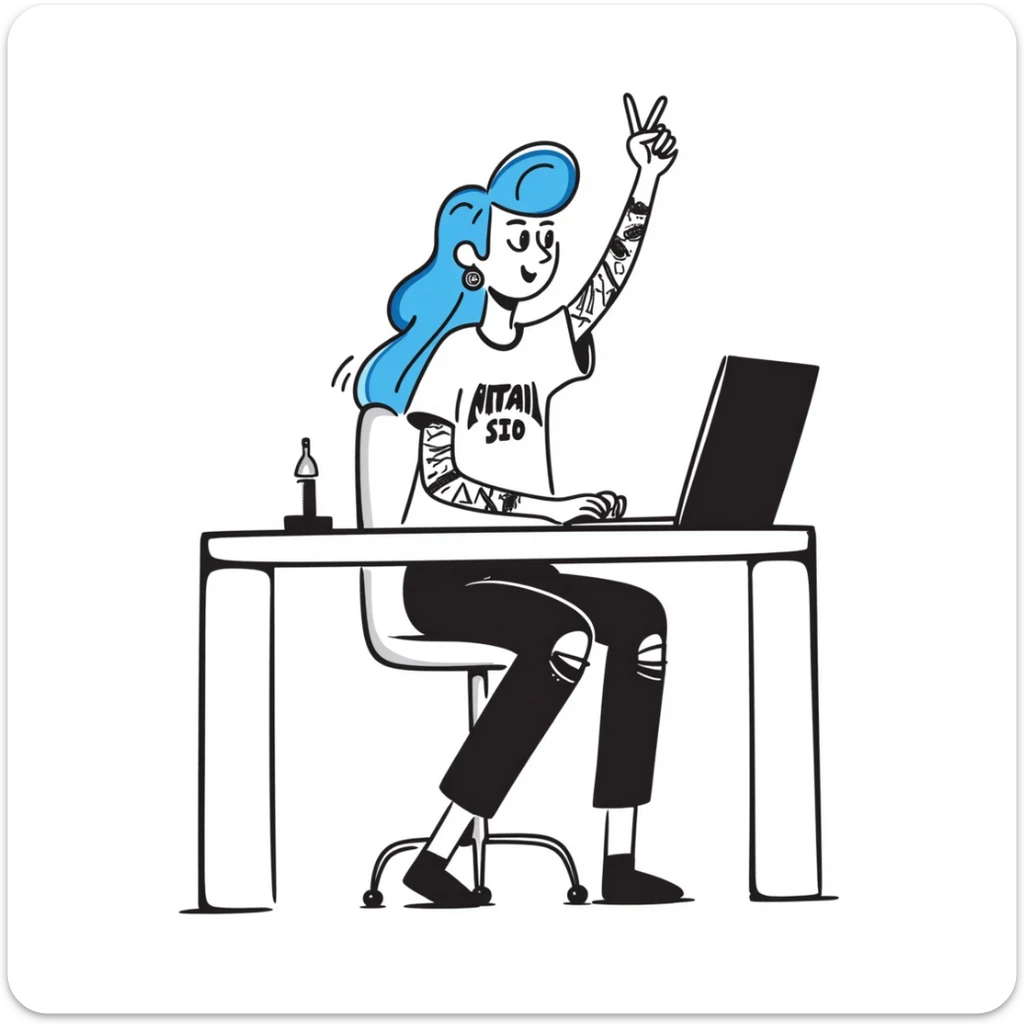 Rock musician girl with half-shaved head and blue hair, arm tattoos, multiple ear piercings, wearing ripped jeans and metal band shirt, sitting at desk with laptop and raising hand enthusiastically sticker