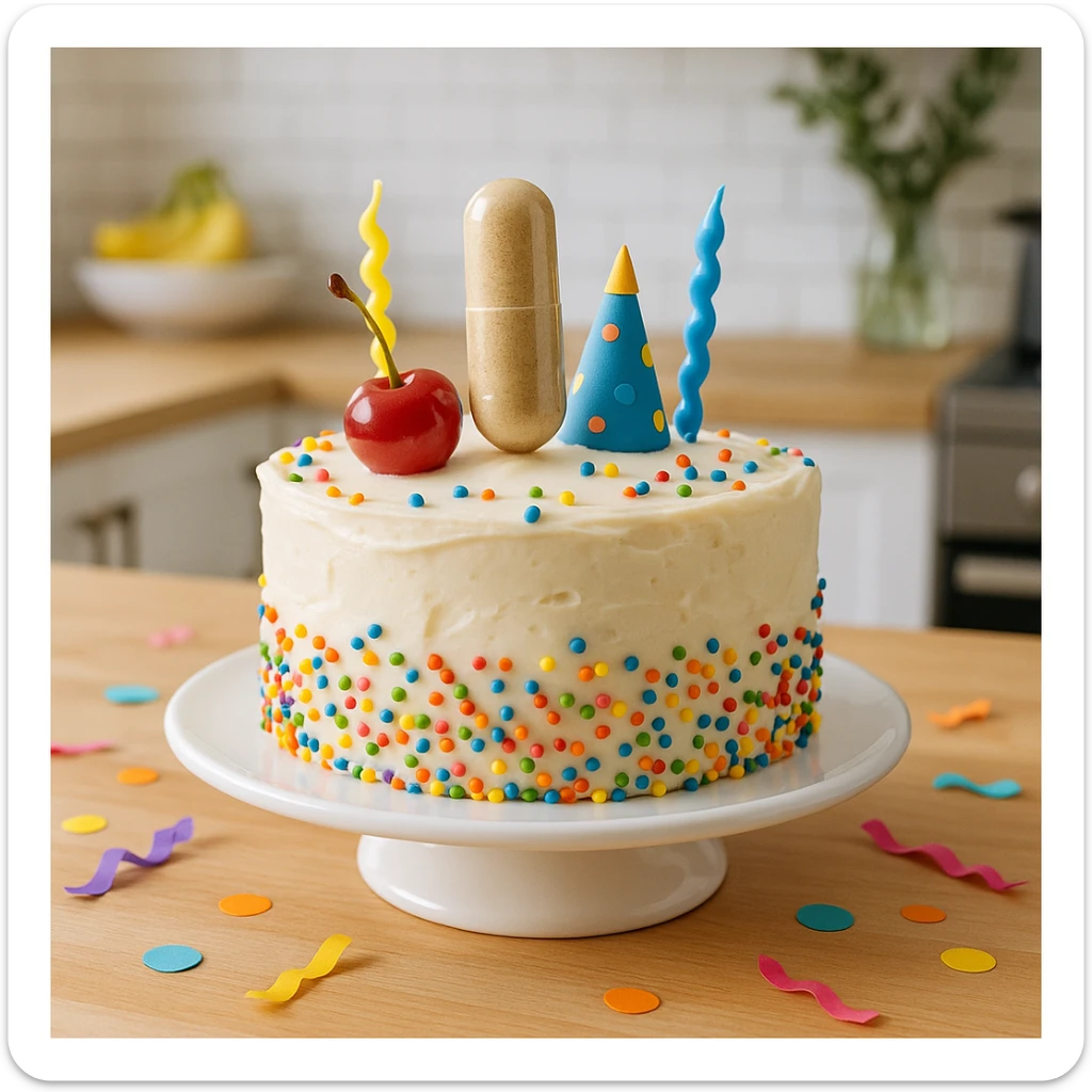 realistic style, concept of supplementation as the cherry on the cake, supplement placed on top of a decorated cake, cheerful atmosphere, creative details, modern kitchen sticker