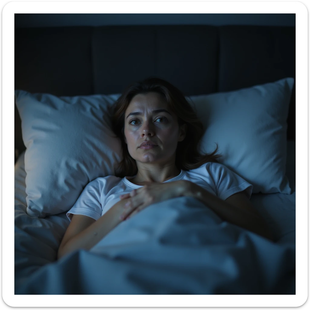 hyperrealistic 4K detailed image of a woman with hormonal imbalance, lying in bed with open eyes, tired look, clock showing late night on bedside table, nighttime environment sticker