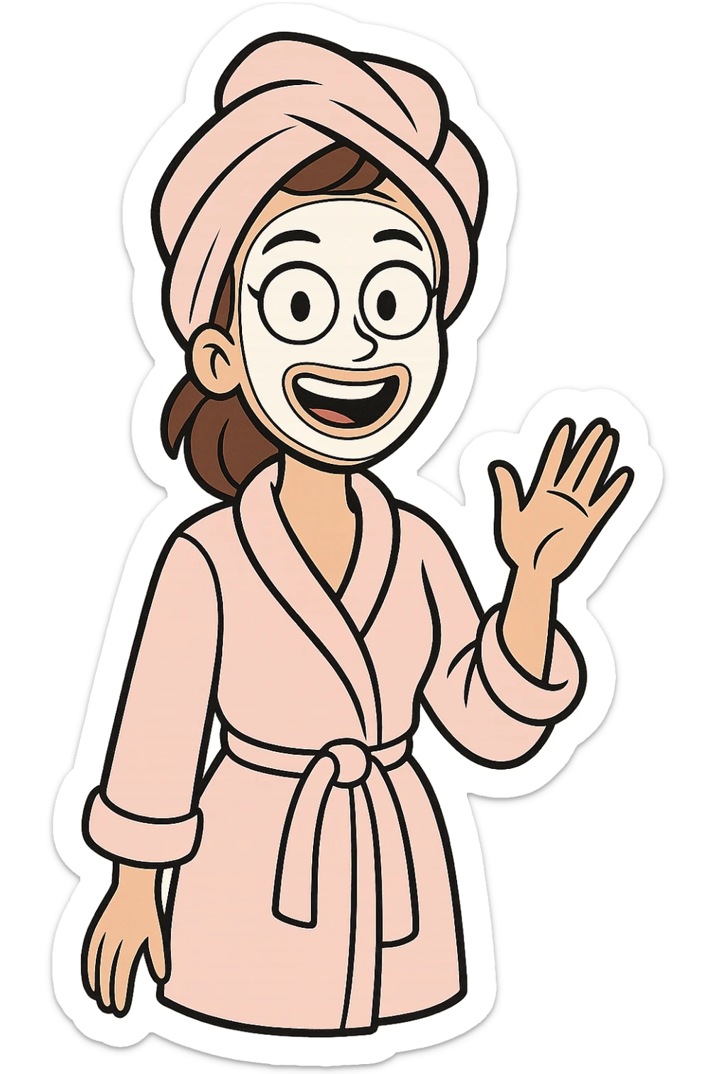a girl with brown hair, wearing a bathrobe and a pastel pink towel turban, with a white facial mask, clear and friendly illustration style sticker