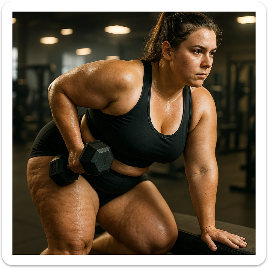 hyper realistic 4K image of a sporty woman exercising in a gym, visible stubborn fat on legs and thighs, detailed skin and muscles, film lighting, motivational atmosphere sticker