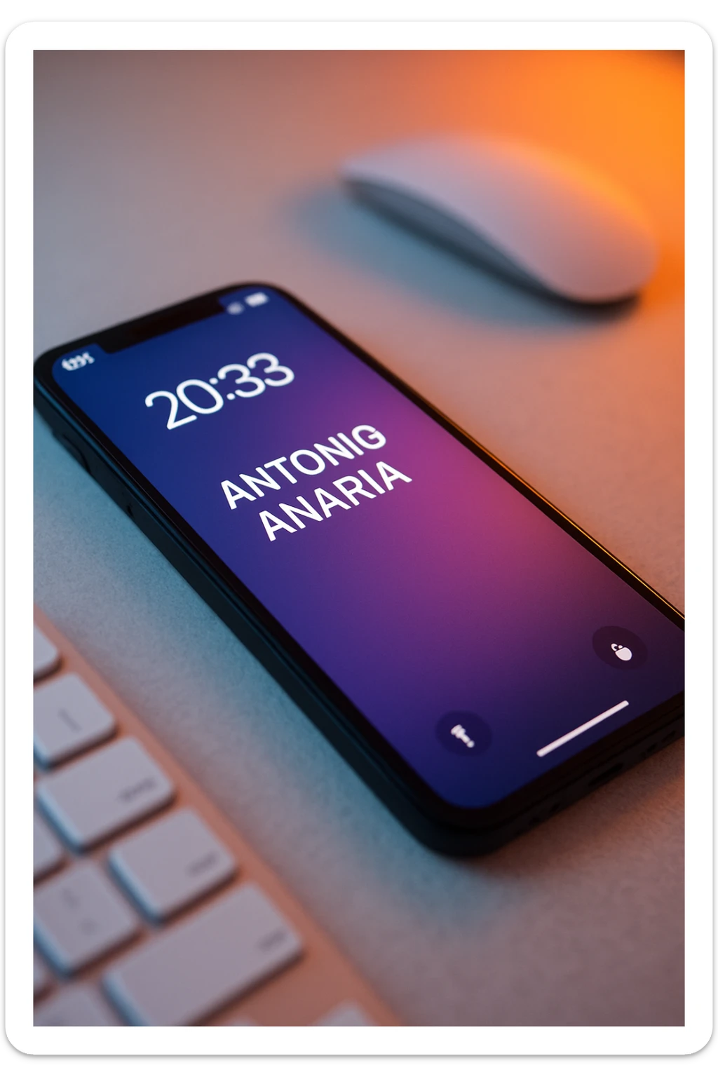 A photo of an iPhone on the desk with the message "Antonio Anania" on its screen, The phone sits atop a desk with a blurred background that suggests work environment. A faint glow from above casts gentle shadows across the surface of each object, creating depth and highlighting their textures sticker