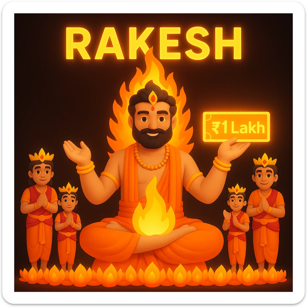 Add the name 'Rakesh' above the deity and a glowing 1 lakh check in his hand, keeping the fire, five respectful team members, and divine theme. Ensure name and check are easy to read and glowing. sticker