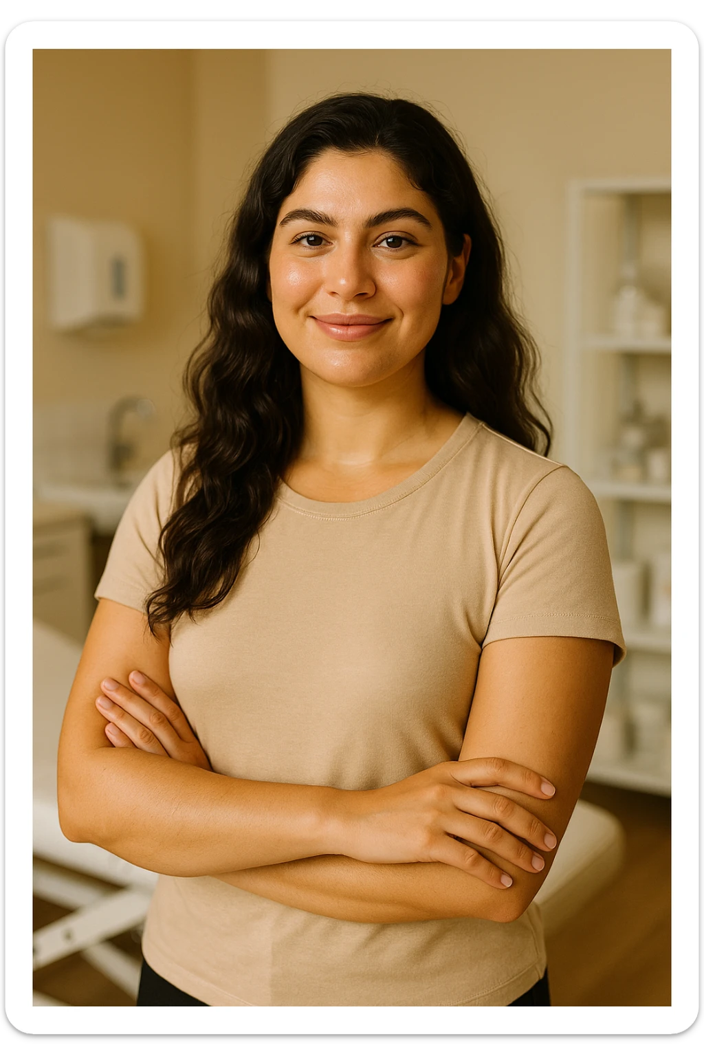 woman with PCOS visibly healthy due to balanced diet, glowing skin, healthy hair, confident posture, clinical environment, realistic details, warm lighting, vertical 2:3 aspect ratio, no text sticker