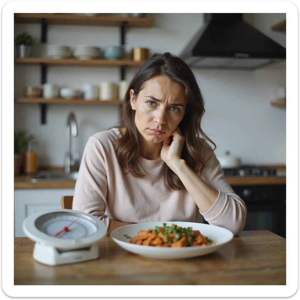 adult woman, photorealistic, diet plateau phase, sitting at table with healthy food plate, puzzled and frustrated expression, kitchen scale not moving, atmosphere of waiting, natural light, kitchen background sticker