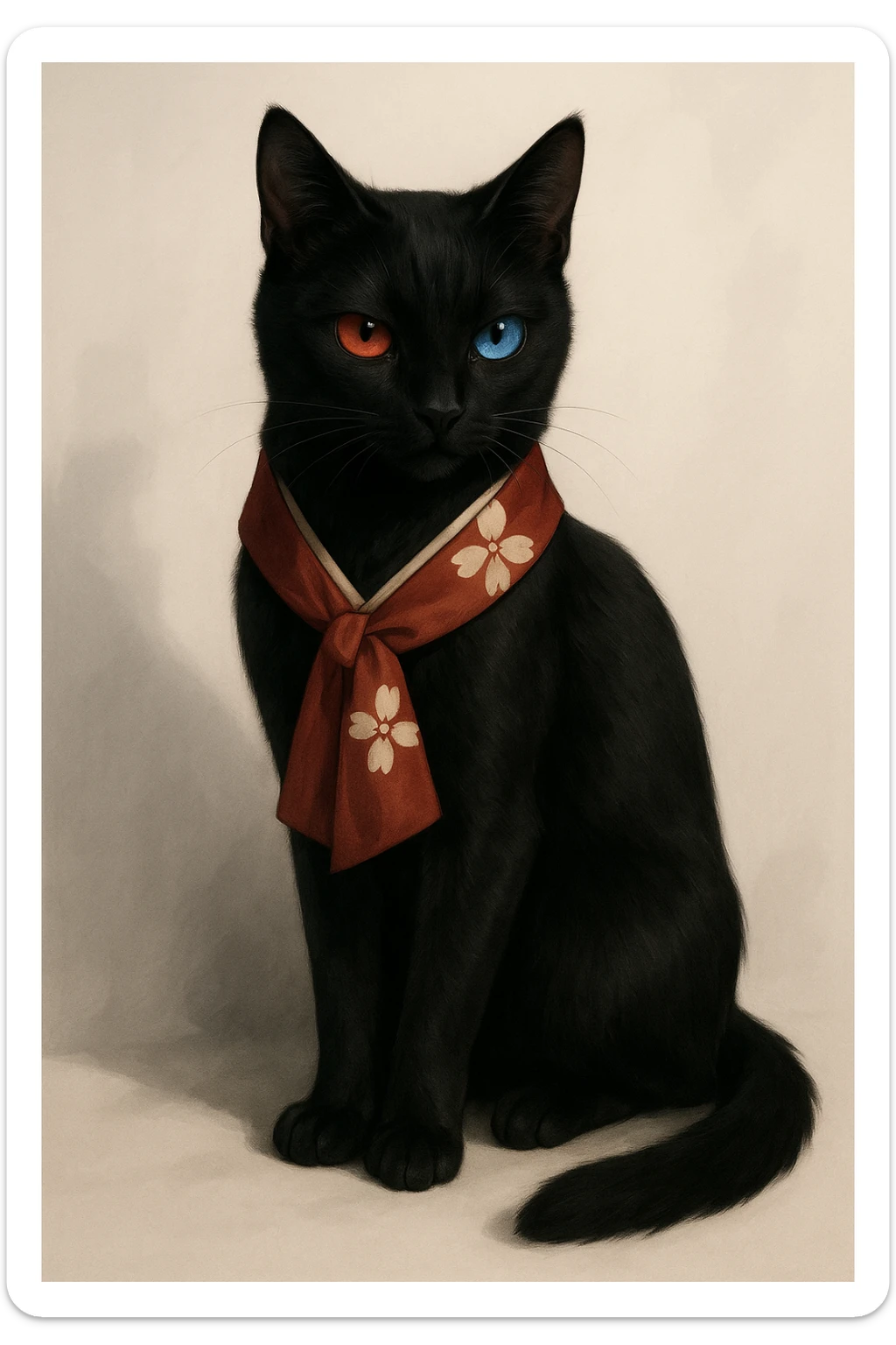 Ryougi Shiki reimagined as a sleek black cat with heterochromatic eyes, wearing a small kimono scarf sticker