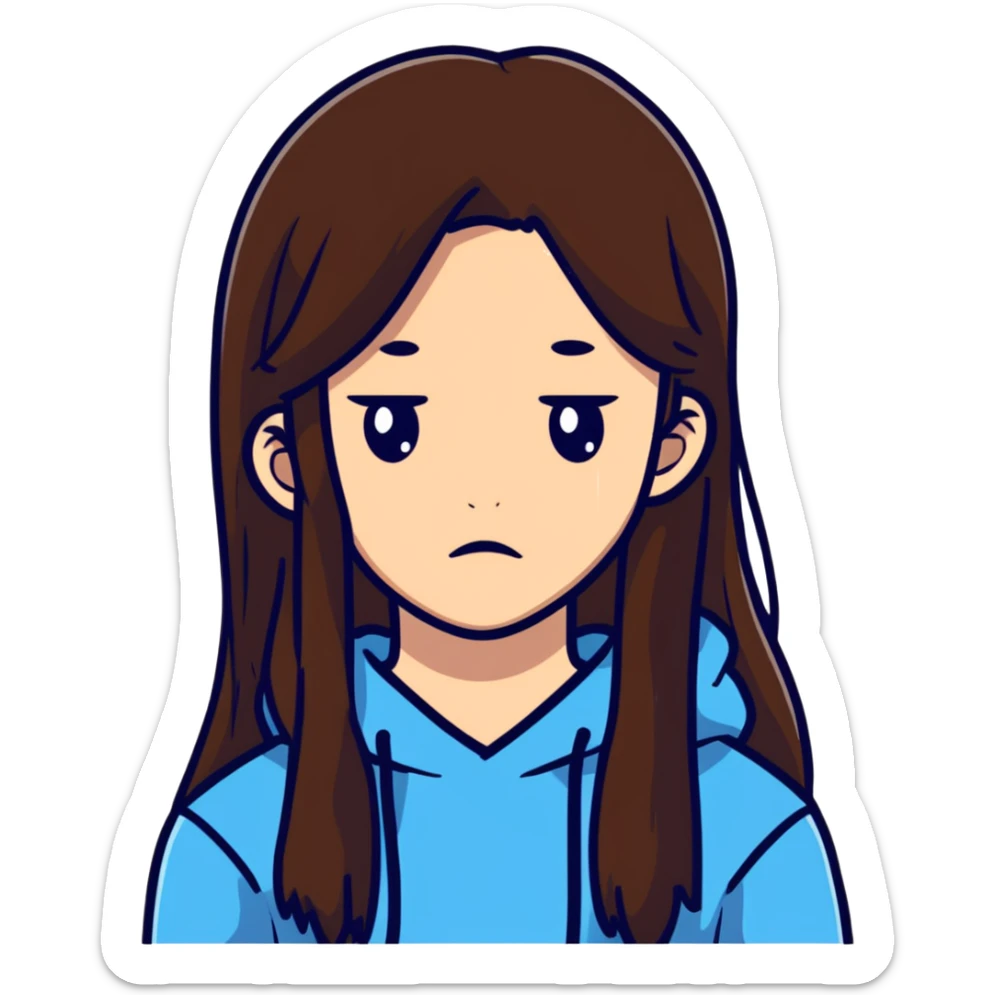 Teenage girl with long brown hair and sad expression, Hannah Baker character sticker