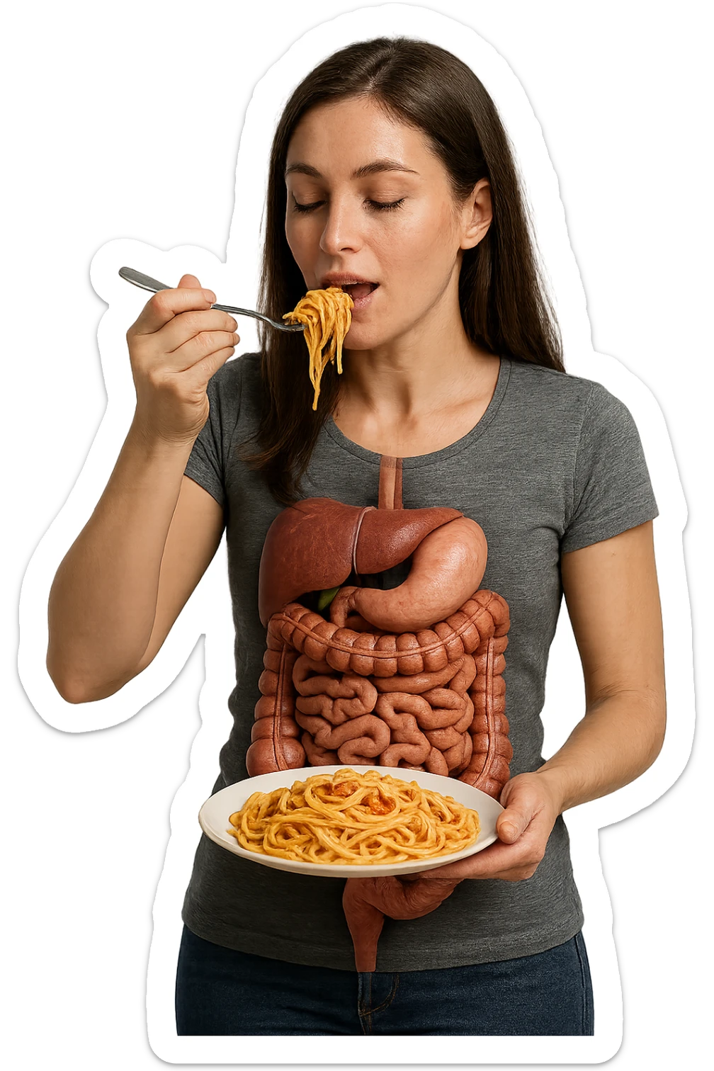 donna con intestino umano anatomico in evidenza che mangia un piatto di pasta, iperrealistico 4k sticker